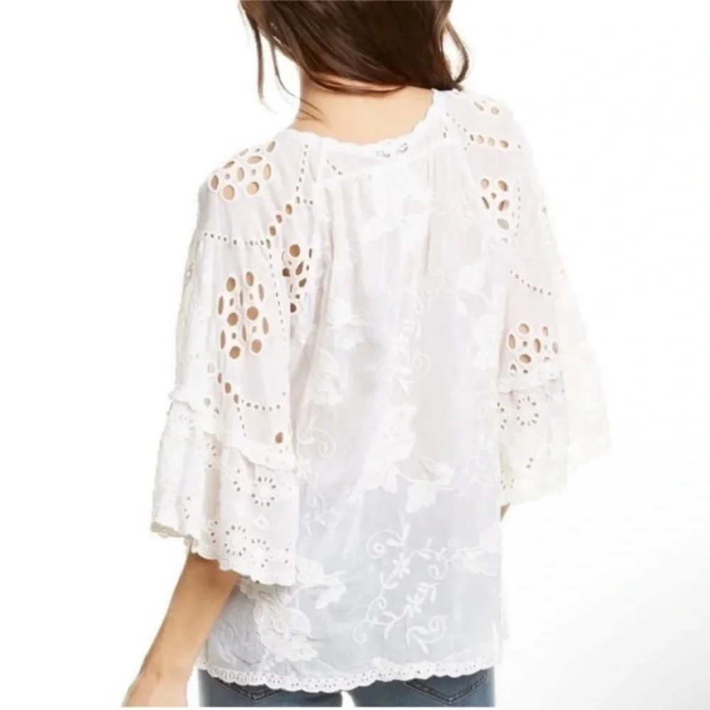 Johnny Was Roman Ruffle Eyelet Blouse White Floral